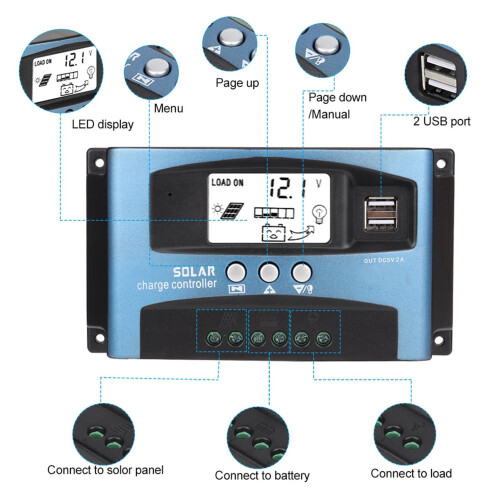 100A MPPT Solar Charge Controller 12V 24V with Dual USB Fast Charging LCD Display for Off Grid Battery System 1