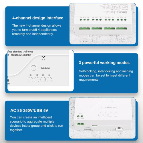 4CH Zigbee  Light  Module AC 85-250V RF433 Receive 10A Relays Work with Alexa Assistant,Tuya  Life 2