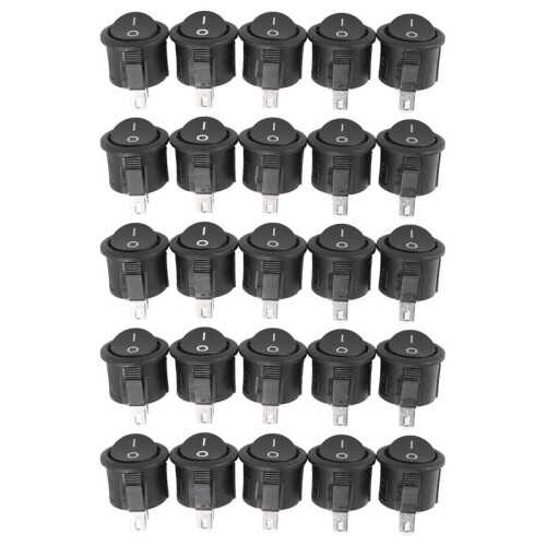 25 Pcs SPST Black Button /Off Round Rocker  AC 6A/125V 3A/250V