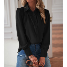 Damen Schwarz Turn-Down-Kragen Laternenärmels shirt S-2XL Casual Oberteil