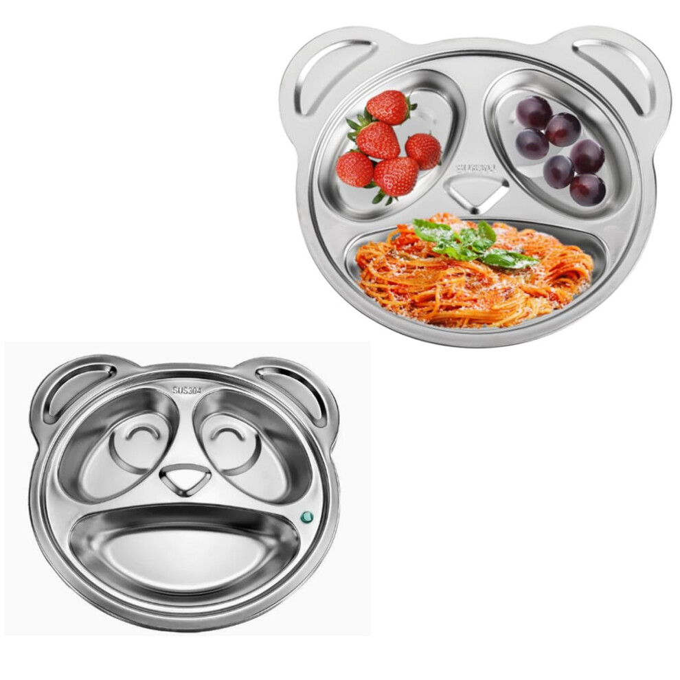 Stainless Steel Divided Plate 2 Pack, Panda Shaped 3 Section Kids Dinner Plate, Unbreakable and Dishwasher Safe