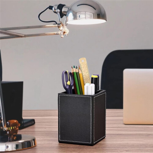 2Pack PU Leather Pens Pencils Holder Cup Desktop Stationery Organizer Case Office Accessories Container Box Black 2
