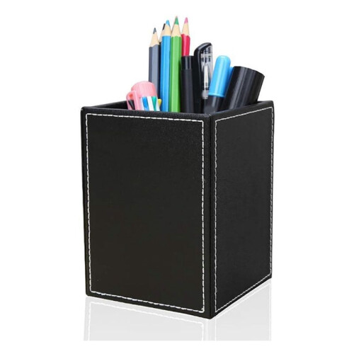 2Pack PU Leather Pens Pencils Holder Cup Desktop Stationery Organizer Case Office Accessories Container Box Black 1