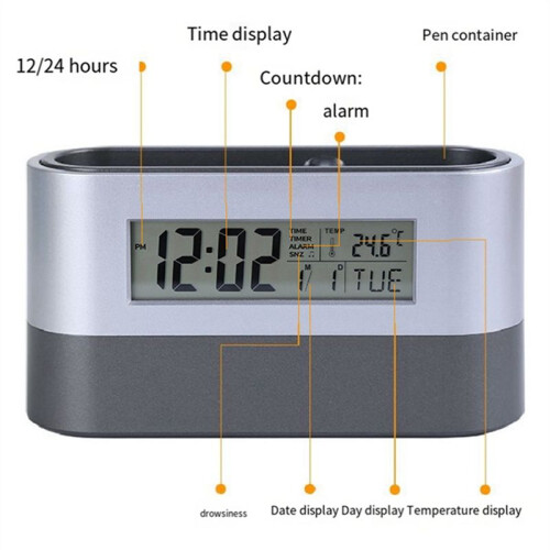 Silent Alarm Clock,Table Clock,Electronic Digital Pen Holder,Tools Name Card Holder,Calendar Temperature Display Timer 2