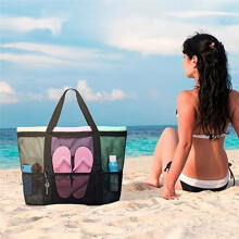 Large Capacity Mesh Beach Tote Bag Handheld Lunch Bag Useful Shoulder Bag Bath Bag Food Drink Travel Storage Bag
