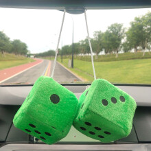 Green Fuzzy Dice for Car Mirror, 3 Inch Plush Hanging Decoration, Retro Style Interior Upgrade