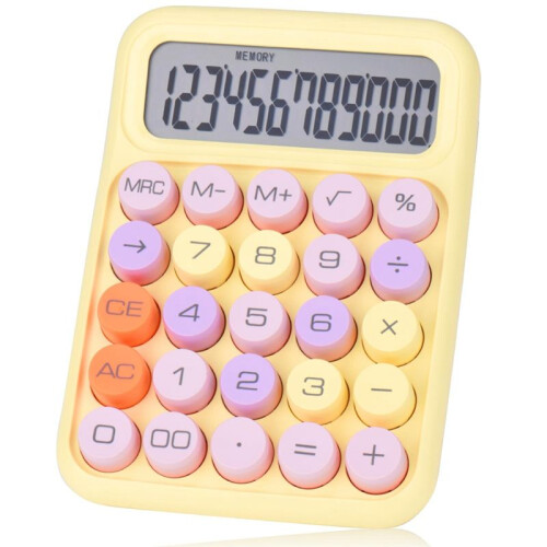 Mechanical Pushbutton Calculator, 12 Digit LCD Display,  Buttons Easy to Press, Colorful Candy Calculator Yellow