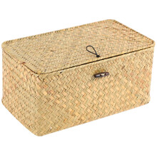 Handmade Straw Woven Storage Basket with Lid Makeup Organizer Storage Box Seagrass Laundry Baskets Rattan Jewelry Box(S)