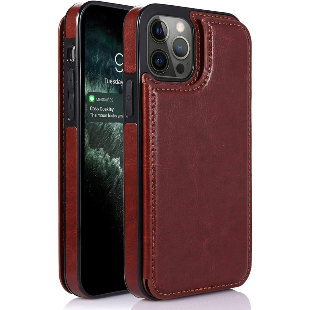 Leather Wallet Case With Magnetic Flip, Card Holder, Kickstand, Shockproof For Iphone 14 Pro Brown 9073542362487