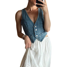 (L, Dark Blue) Women Denim Vests Casual Summer Button Front Sleeveless Tank Tops Aesthetic Clothes for Streetwear