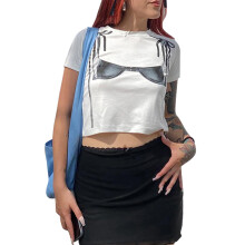 (S, White) Women Crop Tops Bra Print Short Sleeve Round Neck Casual T-Shirts Summer Slim Fit Shirts Streetwear