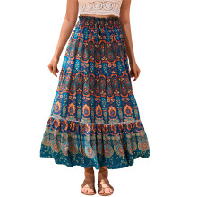 (XL, Peacock Blue) Women's Long Swing Skirt Boho Style Fashion Print Elastic Waist A-Line Ruffle Skirt for Party Club