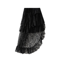 (One Size, Black) Women's Summer Lace Skirt High Waist Asymmetric Ruffled Hem Skirt Elegant A-Line Midi Skirts