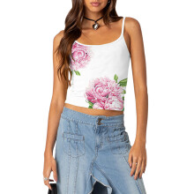 (S, Fuchsia) Women Crop Camisoles Floral Print Spaghetti Strap Sleeveless Backless Tank Tops Summer Vests Tops Streetwear