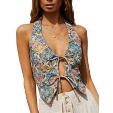 (S, Mixed Color) Women Tie Front Halter Tops Summer Retro Floral Print Backless Shirts Sleeveless Vest for Streetwear Aesthetic Clothes