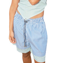 (S, Blue) Short boxer patchwork pour femme, coupe décontractée, taille élastique, imprimé rayures, jambes larges, pantalon de sortie