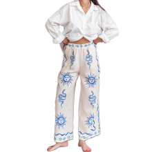 (S, Blue) Damesbroek met elastische wijde pijpen, casual modieuze print, losse hoge taille, geschikt voor werk, kantoor en streetwear.