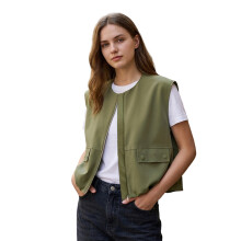 (S, Army Green) Damesvest met rits, mouwloos, effen, oversized jasje, losvallende zomertop