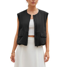 (XL, Black) Damesvest met rits, mouwloos, effen, oversized jasje, losvallende zomertop