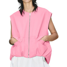(L, Pink) Damesvest met rits, mouwloos, effen, oversized jasje, losvallende zomertop
