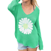 (XL, Green) Women's Knitted Tops Daisy Patterned Side Slits Long Sleeve V-Neck Ribbed Loose Sweaters