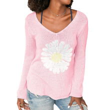 (XL, Pink) Pulls en maille pour femmes, à motifs marguerites, fentes latérales, manches longues, col en V, côtelés et amples