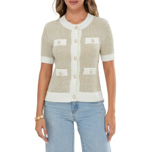 (S, Apricot) Gilets cardigans d'été pour femmes, en maille, à manches courtes et col rond, avec boutons nacrés contrastés