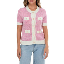 (L, Pink) Gilets cardigans d'été pour femmes, en maille, à manches courtes et col rond, avec boutons nacrés contrastés