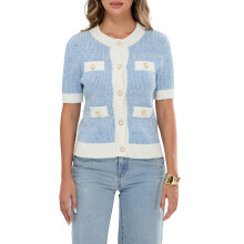 (L, Sky Blue) Women's Summer Knit Tops Contrast Color Pearl Button Short Sleeve Round Neck Sweater Cardigans
