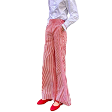 (L, Pink) Damesbroek met streepjesprint, hoge taille, losse pasvorm, wijde pijpen en zakken, streetwear voor de zomer