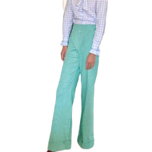 (L, Green) Damesbroek met streepjesprint, hoge taille, losse pasvorm, wijde pijpen en zakken, streetwear voor de zomer