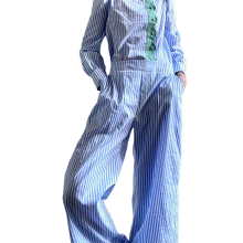 (S, Light Blue) Damesbroek met streepjesprint, hoge taille, losse pasvorm, wijde pijpen en zakken, streetwear voor de zomer