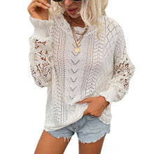 Maglione casual da donna in maglia, modello pullover con design traforato, maglione all'uncinetto leggero, scollo rotondo, maniche a pipistrello,