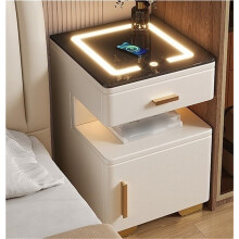 Smart Nightstand with Wireless Charging, Builtin Safe, LED Light, Modern Bedside Table Beige