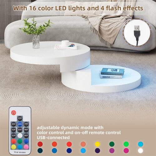 White Round Rotating LED Coffee Table,Open Storage 2