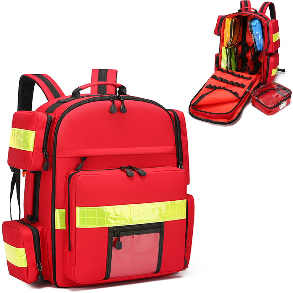 First Aid Backpack Waterproof Large Capacity Emergency Medical Bag with Oxygen Tank Compartment Red