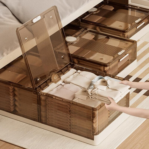 Under Bed Storage Box with Wheels, Stackable Plastic Container with Lid for Clothes Shoes Brown