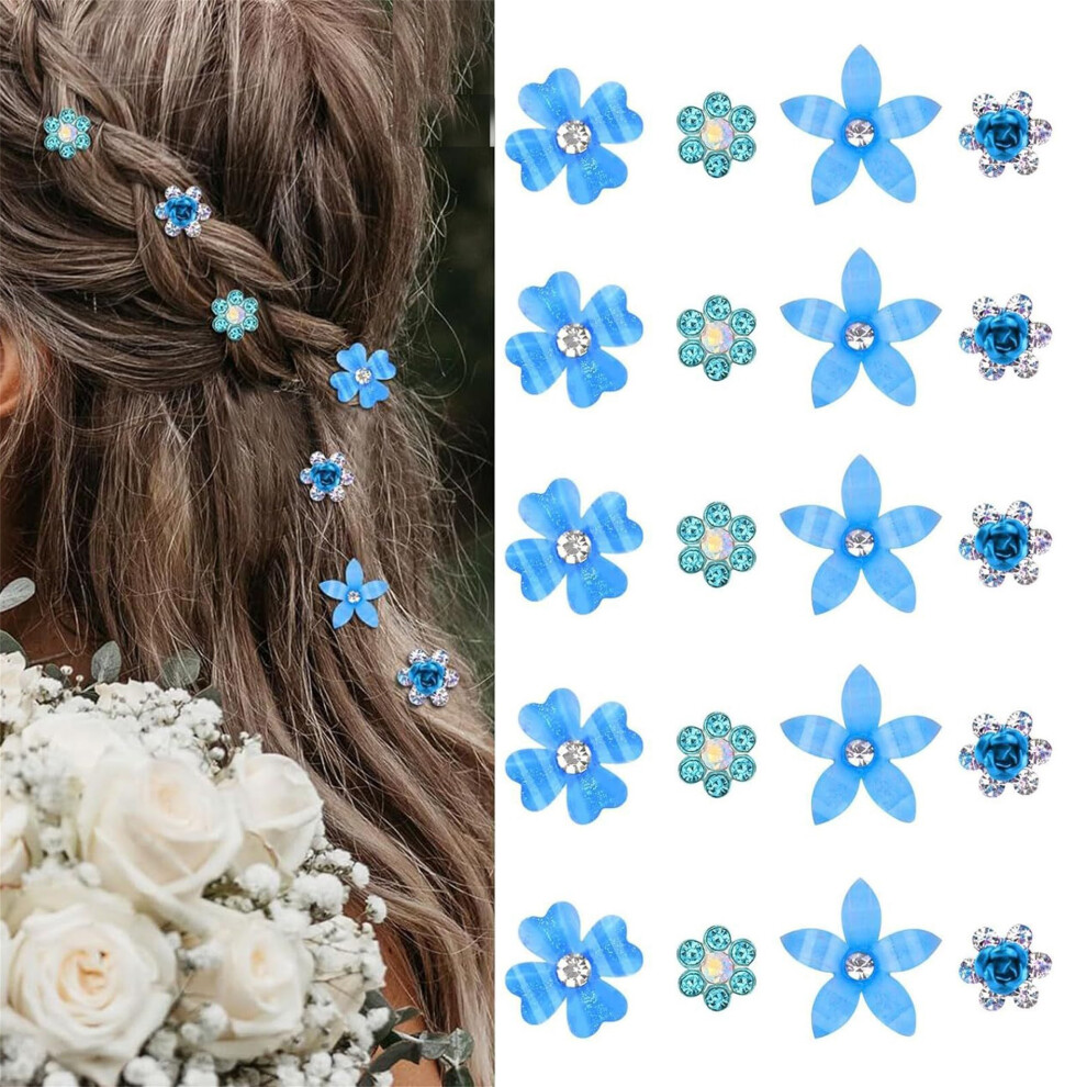 (20 Pcs, Blue) 20Pcs Mini Rhinestone Flower Hair Clips Elegant Pearl Bridal Hair Barrettes for Women and Girls