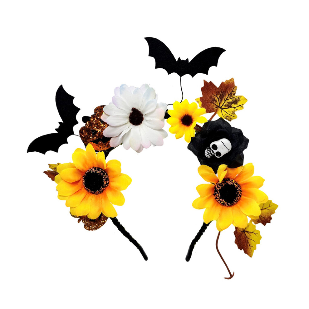 (25cmx22cm, Fluorescent Yellow) Halloween Bat Headband for Women Flower and Skull Head Decor Devil Horns Hair Hoop for Halloween, Party