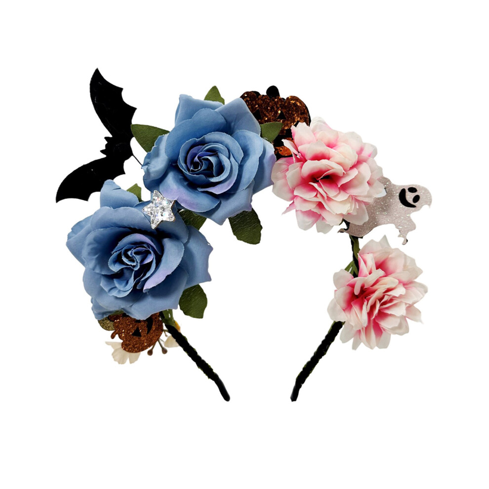 (25cmx22cm, Blue) Halloween Bat Headband for Women Flower and Skull Head Decor Devil Horns Hair Hoop for Halloween, Party