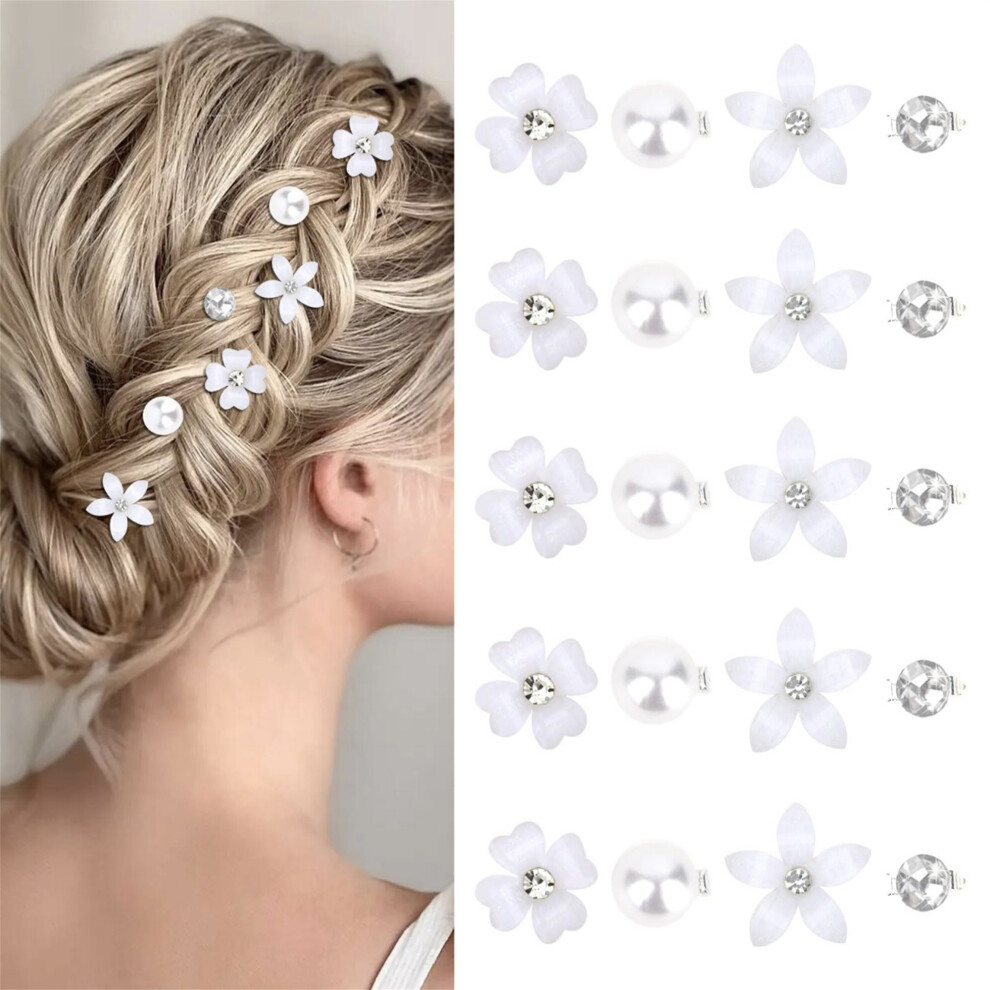 (20 Pcs, White) 20Pcs Mini Rhinestone Flower Hair Clips Elegant Pearl Bridal Hair Barrettes for Women and Girls