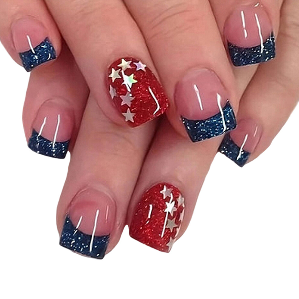 (One Size, Multi-Color) Independence Day Press on Nails for Women 24Pcs Patriotic Stars Glitter Removable Short Square Manicure