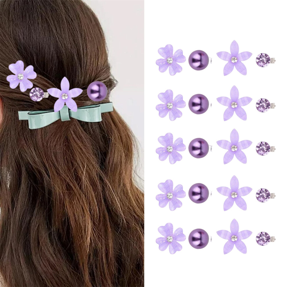 (20 Pcs, Purple) 20Pcs Mini Rhinestone Flower Hair Clips Elegant Pearl Bridal Hair Barrettes for Women and Girls
