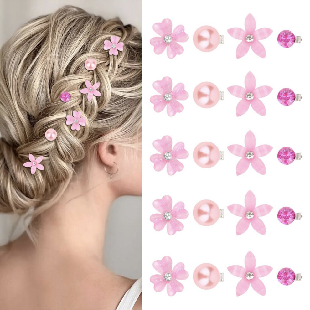 (20 Pcs, Pink) 20Pcs Mini Rhinestone Flower Hair Clips Elegant Pearl Bridal Hair Barrettes for Women and Girls