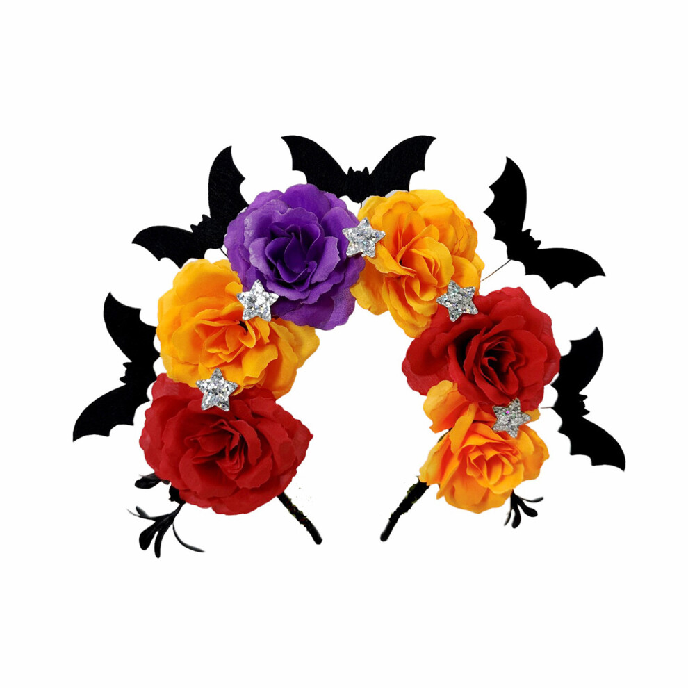 (25cmx22cm, Yellow) Halloween Bat Headband for Women Flower and Skull Head Decor Devil Horns Hair Hoop for Halloween, Party