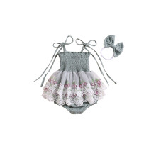 (6-12 Months, Green) Neugeborenen-Mädchen-Outfit, Stramplerkleid mit Blumenstickerei zum Binden und Haarband mit Schleife, Sommerkleidung