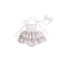 (0-3 Months, White) Neugeborenen-Mädchen-Outfit, Stramplerkleid mit Blumenstickerei zum Binden und Haarband mit Schleife, Sommerkleidung