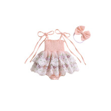 (0-3 Months, Pink) Neugeborenen-Mädchen-Outfit, Stramplerkleid mit Blumenstickerei zum Binden und Haarband mit Schleife, Sommerkleidung