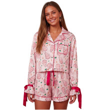 (S, Pink) Christmas Women's Pajamas Set Creative Santa Claus Tree Print Button Up Long Sleeve Lapel Tops and Shorts Lounge Wear 2 Pcs Set