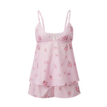 (L, Pink) Women's Summer Pajamas Set Stylish Bow Print V Neck Camisole Tops with Shorts Lounge Wear 2 Pcs Set